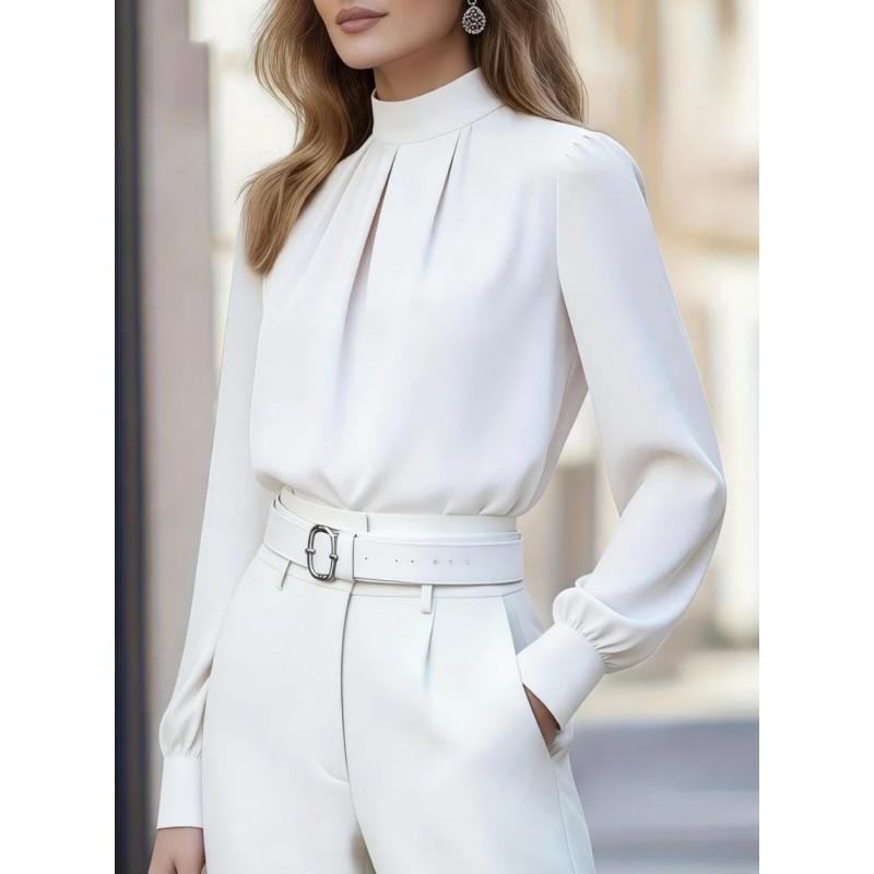 Womens Semi-Turtleneck Pleated Long Sleeve Blouse Elegant Office Wear Pure Color Loose Fit 2026 Fall