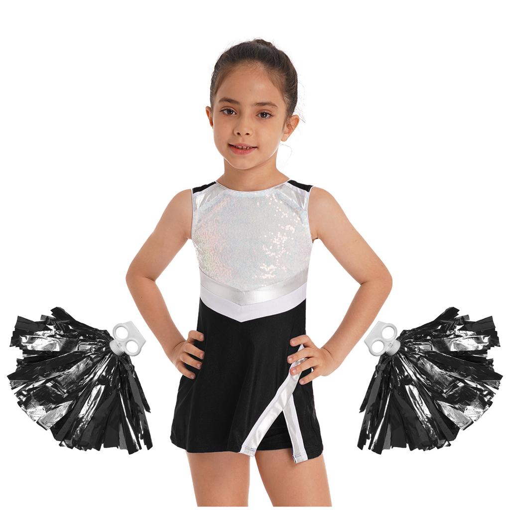 Костюм для девочек-черлидеров, блестящее платье с пайетками, подходящие шорты, аксессуары для цветочного бала, комплект для выступлений