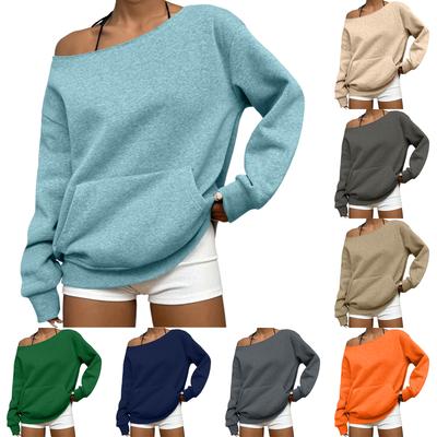 Женская повседневная модная однотонная толстовка с открытыми плечами, длинными рукавами и карманами