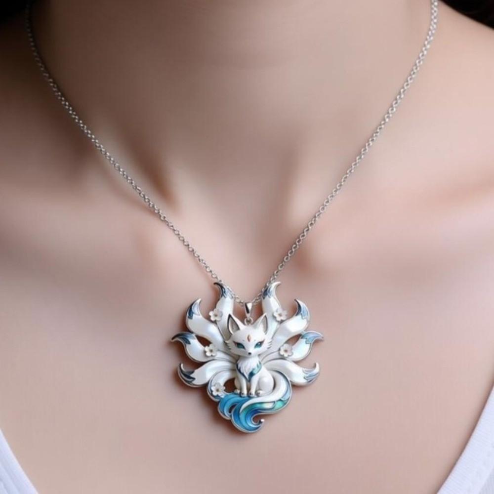 Enamel Look Nine-Tailed Fox Necklace Silver Tone Chain Guardian Charm Pendant Daily Wear