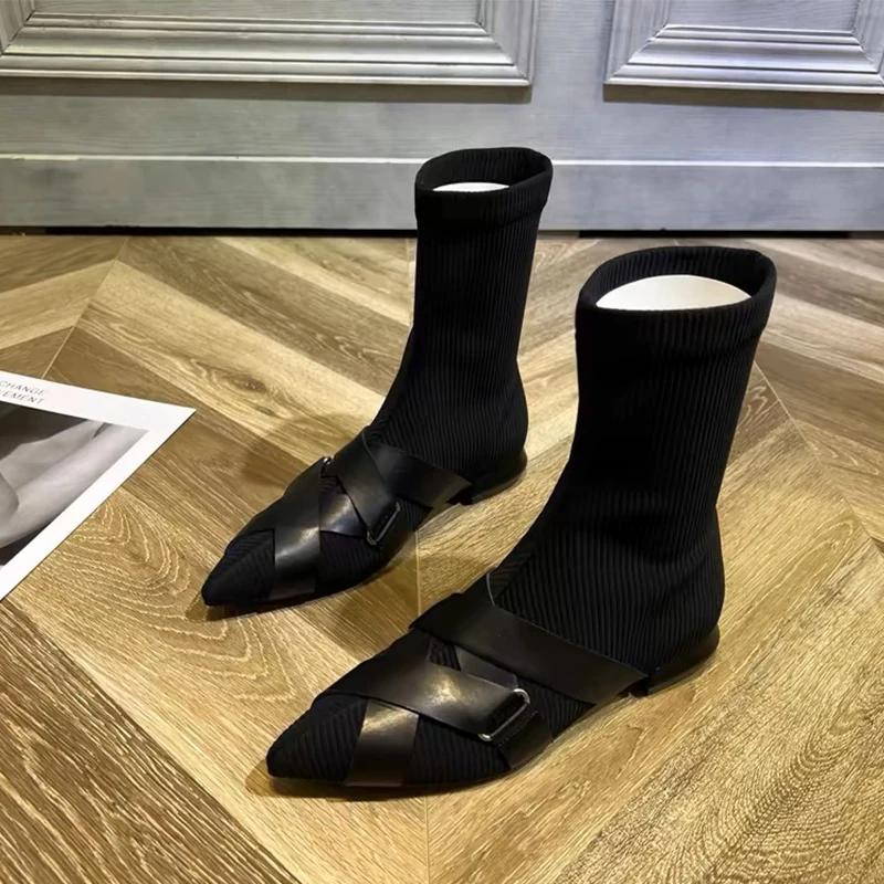 Fashion Pointed Toe Women Mid Calf Chelsea Boots Flats Shoes 2024 Winter Designer New Walking Shoes Sexy Fashion Dress Mujer Zapatos