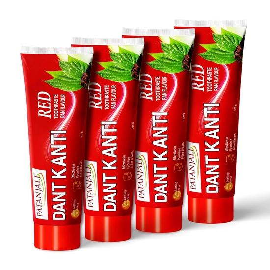 Patanjali Зубная паста Дант Канти Красная 800г (200x4) со вкусом сковороды, помогает уменьшить неприятный запах изо рта, улыбка без кариеса, свежесть с защитой