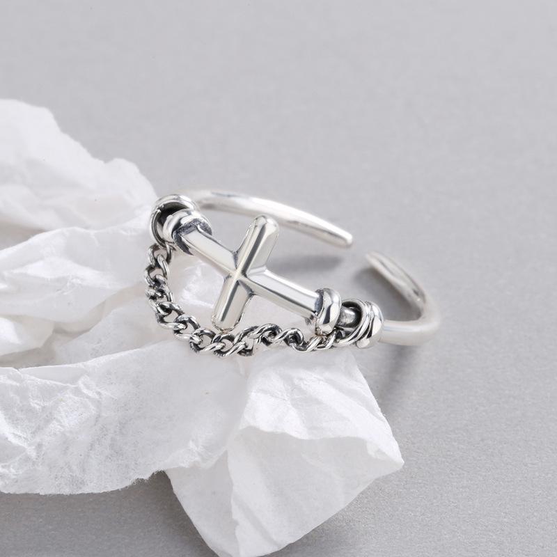 Retro Cross Chain Tassels For Women Zinc Alloy Color Punk Gothic Open Ring Handmade Designer Zircon Unisex Christian Accessories