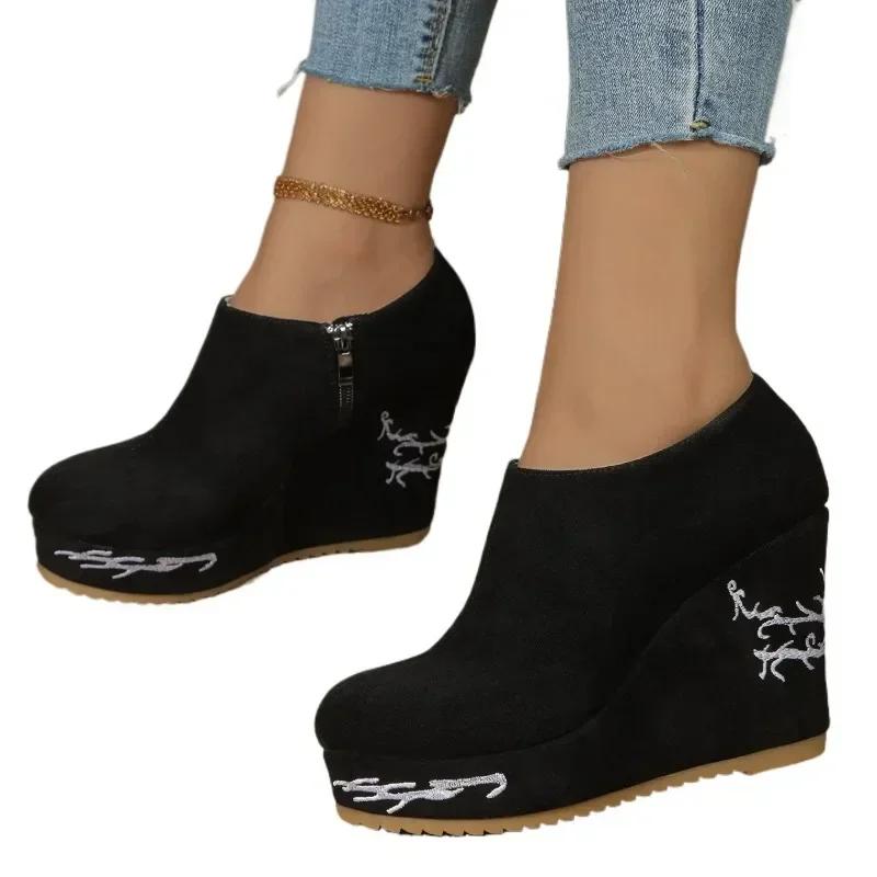 Модные весенние и осенние женские туфли на танкетке с высоким каблуком и леопардовым узором, боковая молния внутри, 2024 Новые повседневные ботинки с круглым носком