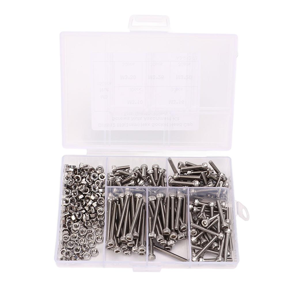 Винты с шестигранной головкой M3 из нержавеющей стали 304, шестигранные болты с гайками, набор ассорти с ящиком для хранения
