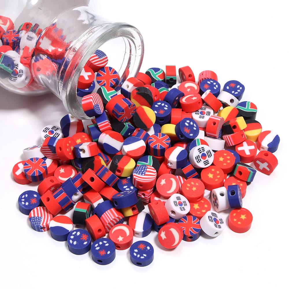 50Pcs 9mm Polymer Clay Flat Round Beads National Flag Loose Spacer Beads For DIY Handmade Bracelets Earrings Making Accessories