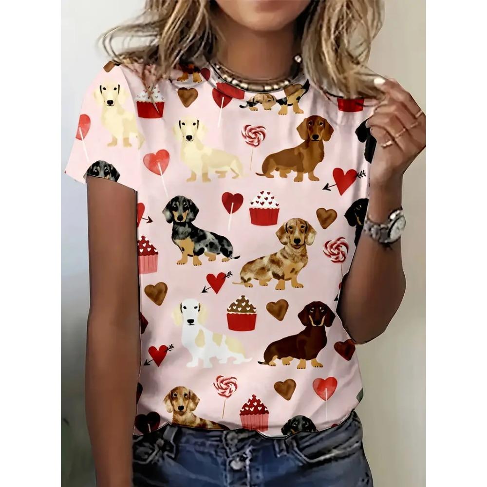 Heart Print Crew Neck T-Shirt For Women Casual Short Sleeve Leopard Love Tshirts Top Women's Ladies Valentine's Day T Shirt