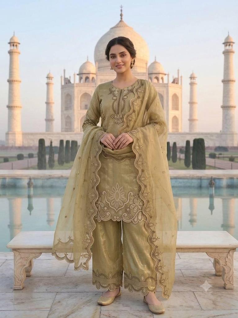 Regal Olive Gold Tissue Silk Embroidered Palazzo Suit Set