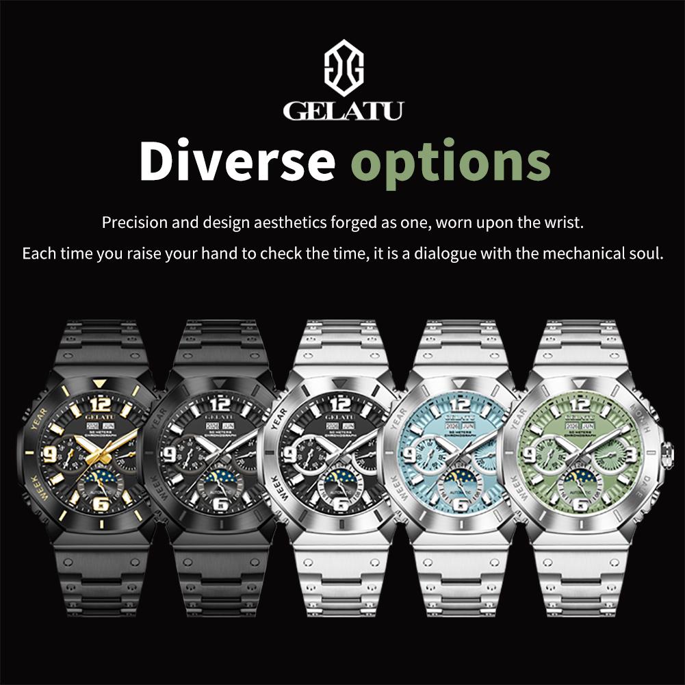 GELATU 6030 Watches Man Top Luxury Business Mechanical Watches For Man Big Dial Moon Phase 50M Waterproof Watch Gifts Box