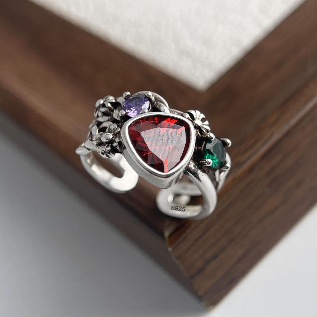 925 Sterling Silver Rings for Women Couple Minimalist Handmade Simple Retro Red Stone Ring Fine Jewelry Gift Prevent Allergy