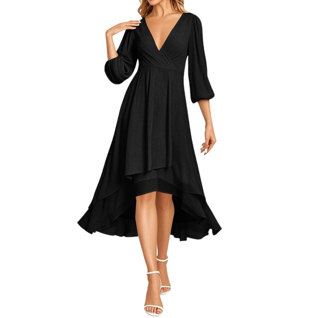 Women's Fashion V-Neck Long Sleeve Loose Slim Evening Casual Chiffon Dresses