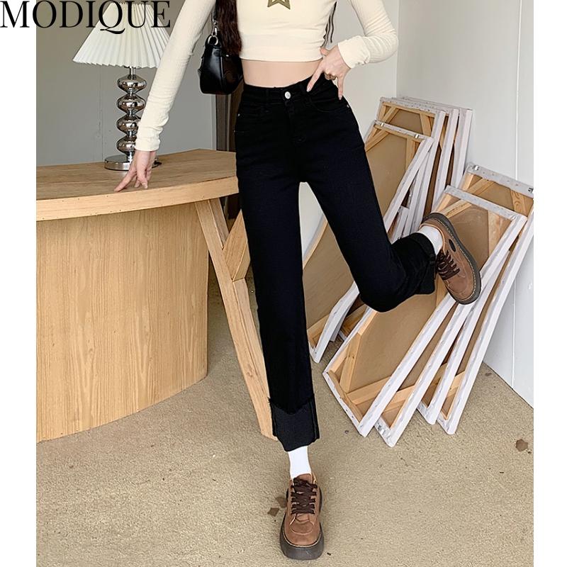 MODIQUE, весенние большие размеры, новые женские винтажные эластичные прямые длинные джинсы с высокой талией, женские базовые повседневные брюки, брюки