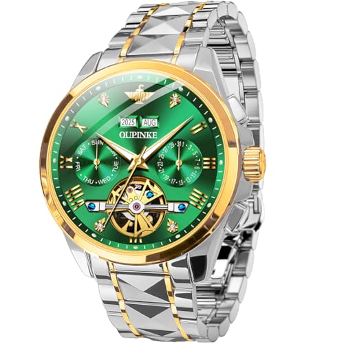 Men's Automatic Watch with Green Dial, Popular Skeleton Design, Sapphire and Tungsten Steel, Waterproof, Date Display, Luminous Green