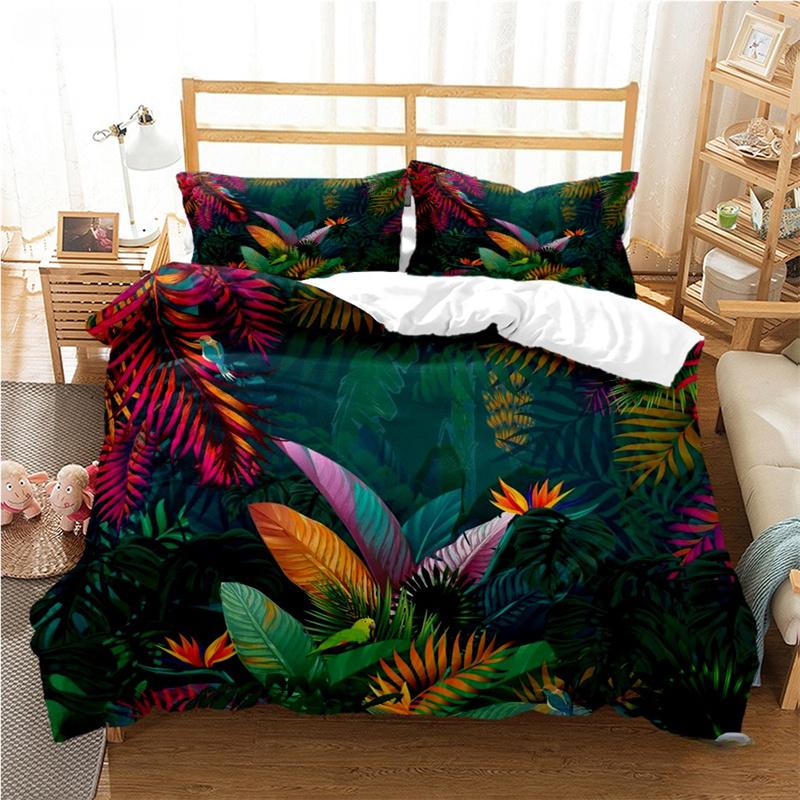 Tropical Leaf Duvet Cover Set All Season Soft Bedding with Pillowcases Single Double Queen King Size