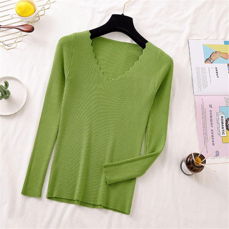 Осенне-зимний кружевной облегающий свитер с V-образным вырезом, женский вязаный универсальный пуловер с длинными рукавами, топ