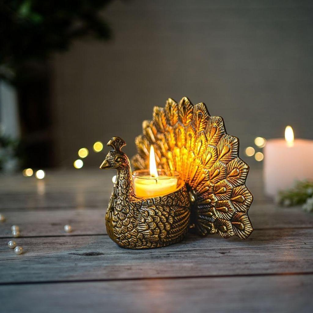 Metal Dancing Peacock Figurine for Good Luck and Love | Candle Holder for Home Dcor Tabletop Living | Showpiece