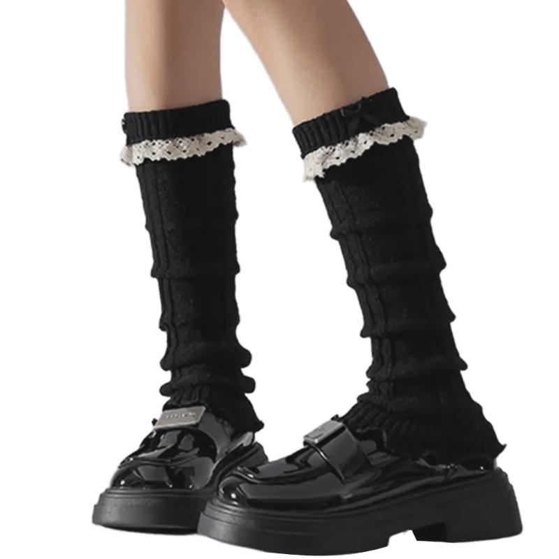 Women Fairycore Knitted Leg Warmers Calf Socks Japanese Sweet Bowknot Ruffled Lace Trim Leg Covers Boot Cuffs Stockings