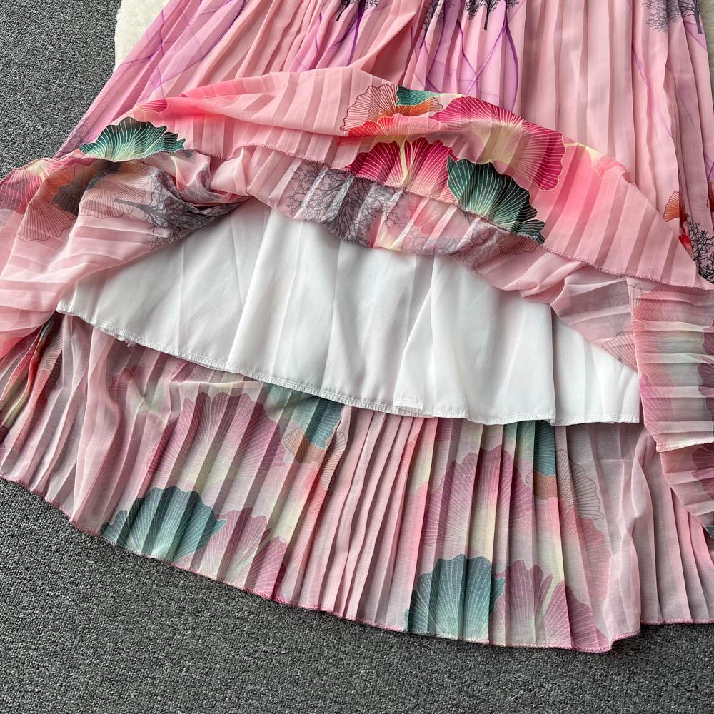 French Chic Dress for Women V-neck Plant Printed Lantern Sleeve Pleated Long Dresses Autumn Dress Female A-line