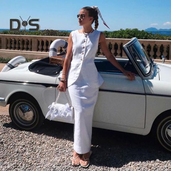 Женский повседневный костюм с квадратным воротником, без рукавов, жилет с длинной юбкой, летний одинаковый комплект для вечеринки, офиса, повседневной одежды