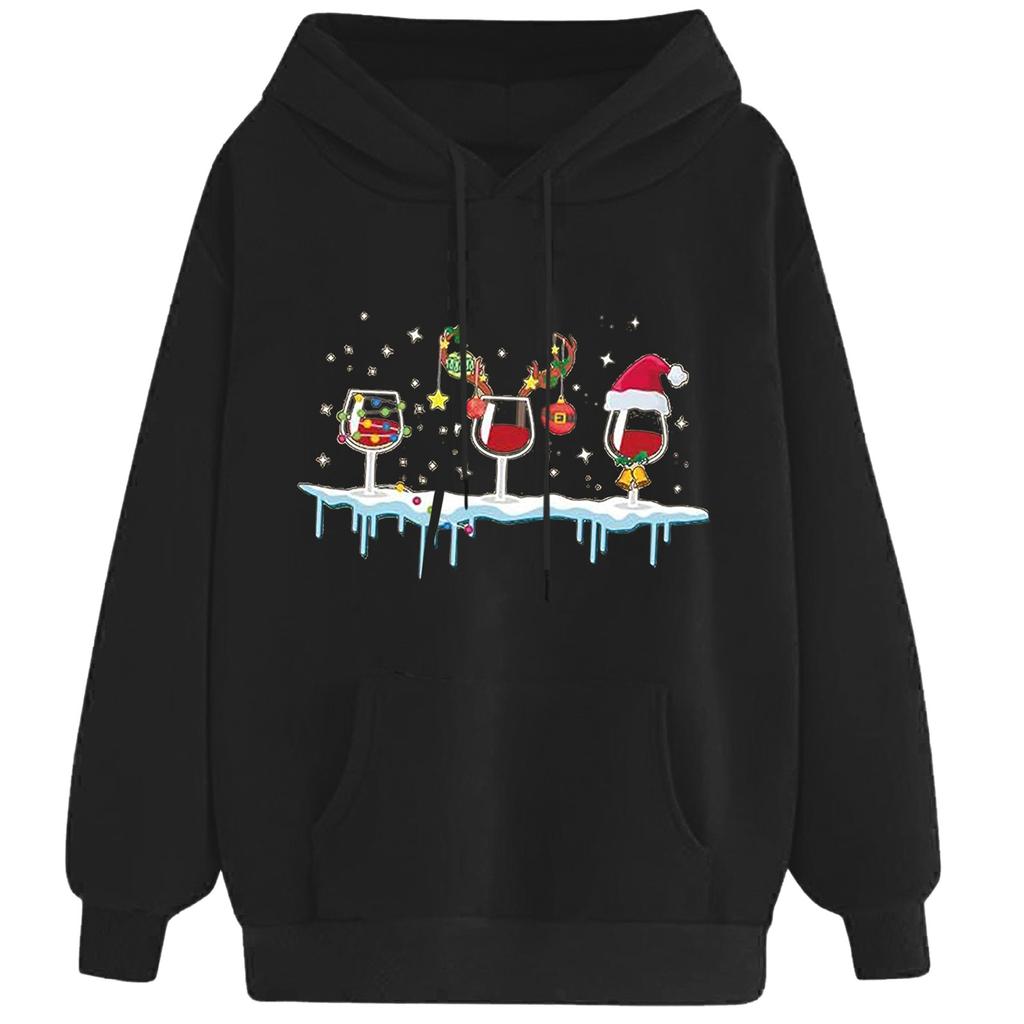 Женская мода для отдыха, рождественской вечеринки, пуловер с длинными рукавами и капюшоном с принтом, топ