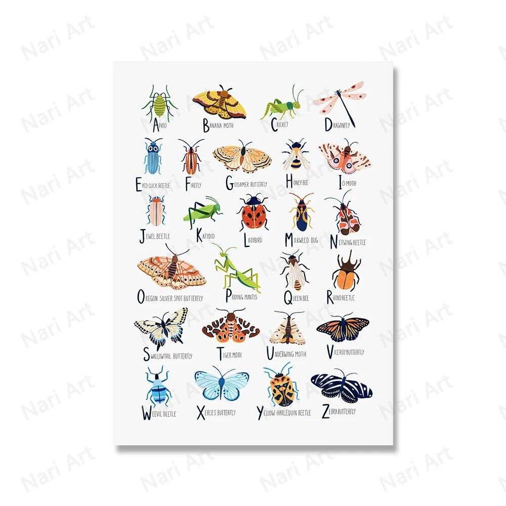 Насекомое Алфавит Wall Art Холст Картина Жук Бабочка Моль Кит Плакаты и принты Скандинавские картины Детская комната Декор Без рамки