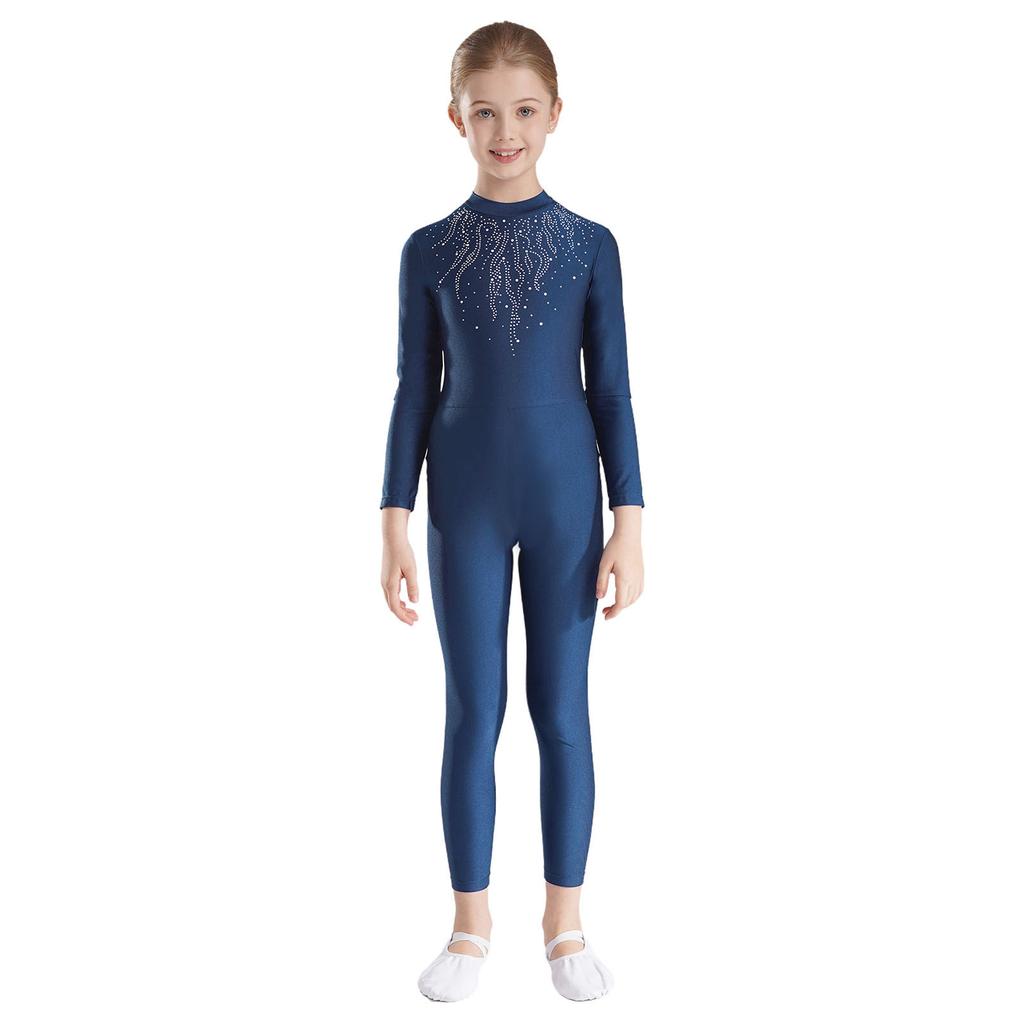 Детский гимнастический комбинезон с блестящими стразами для девочек, с длинным рукавом, танцевальный купальник для балета, фигурного катания, акробатики, йоги, для выступлений