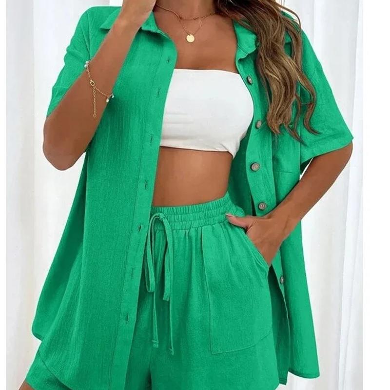 Летняя женская рубашка с коротким рукавом и шорты, комплект из двух предметов, женская хлопковая одежда, повседневная свободная блузка, шорты на шнурке, наряды