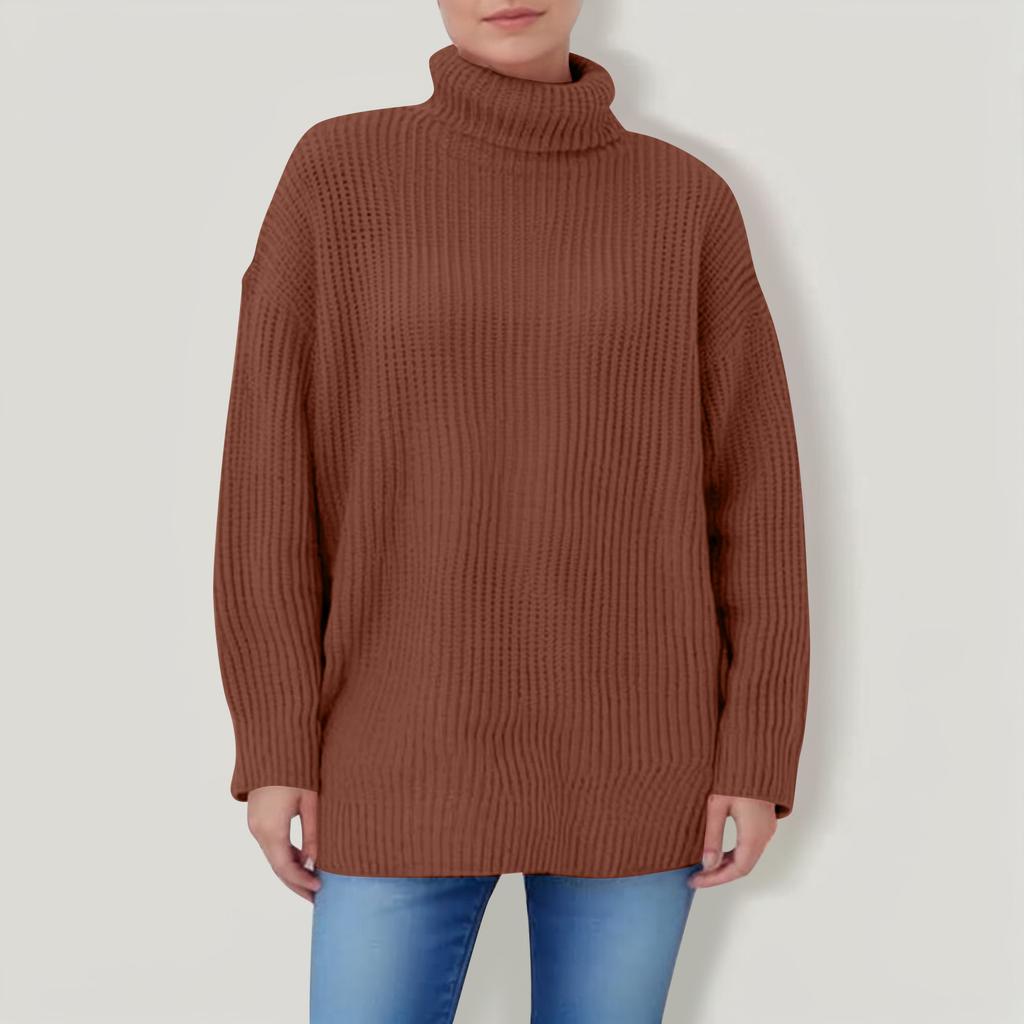 Women's Solid Color High Neck Long Sleeved Knitted Sweater Top Loose Sweater
