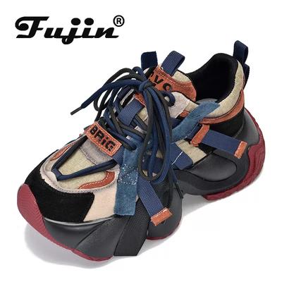 Fujin 6 см, модная обувь на танкетке, женская обувь из натуральной кожи с воздушной сеткой, осенние кроссовки на толстой подошве, весна-лето, вулканизированные массивные кроссовки