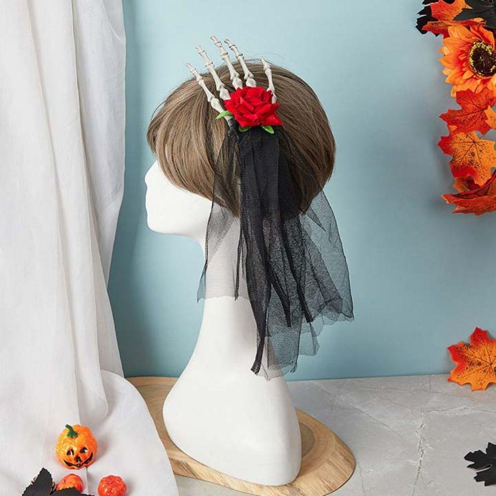 Punk Style Hand Bone Hair Clip with Rose Hairbands Party Supplies Barrettes Costume Prom