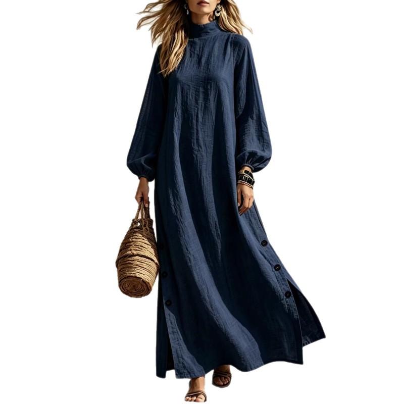 Half Turtleneck Long Dress Side Button Slit Loose Womens Fall Vacation