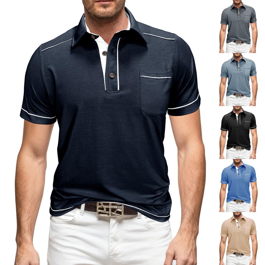Мужская летняя рубашка с контрастом Business Casual с воротником, карманом, коротким рукавом, футболка