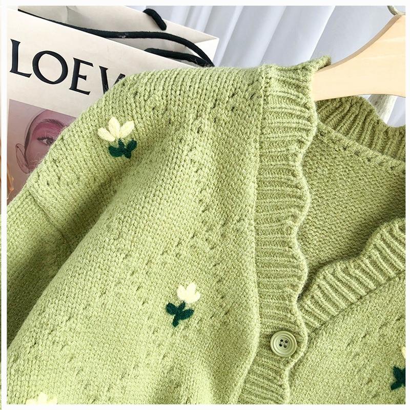 Винтажный вязаный кардиган с цветочной вышивкой, женский свитер с v-образным вырезом, осенне-зимний укороченный кардиган, женский однотонный трикотаж Y2K 23195