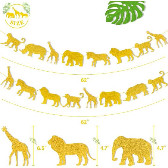 Jungle Safari Animal Banner Gold Glitter Zoo Garland Baby Shower Child Kids Boy Girl Birthday Party Supplies Decorations PRE Strung 2 PCS