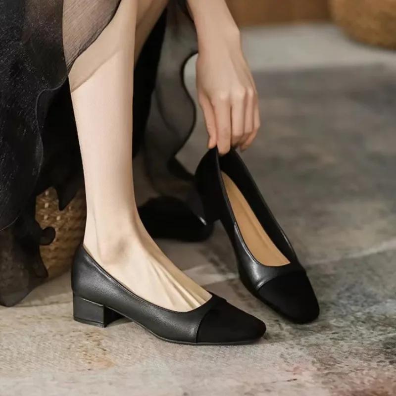 Брендовые черные и бежевые туфли-лодочки из кожи в стиле пэчворк для женщин с толстым каблуком, модельные туфли с квадратным носком, туфли-лодочки Tacones с неглубоким носком и низким каблуком для женщин