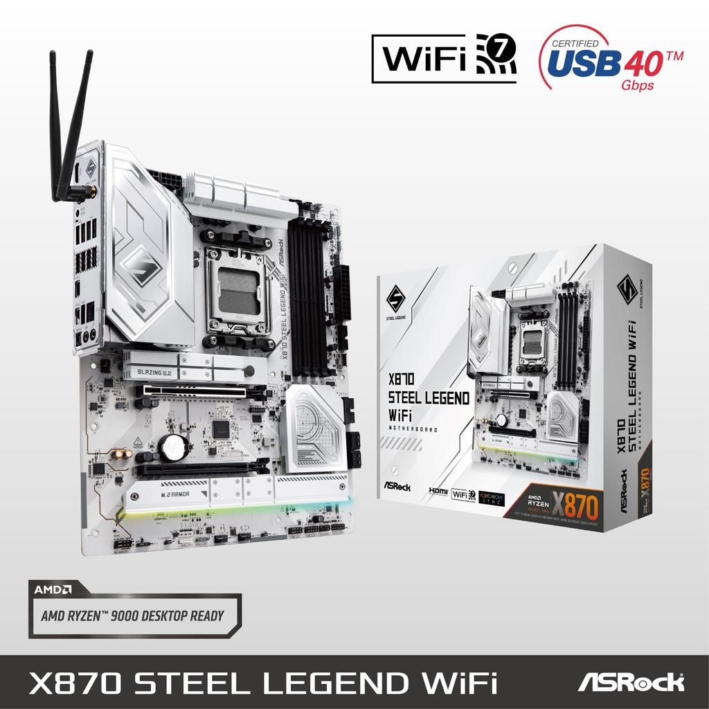 ASRock Motherboard X870 Steel Legend WiFi Compatible with AMD Ryzen 9000 Series CPU X870 Chipset ATX Motherboard Authorized Distributor (Soket AM5)