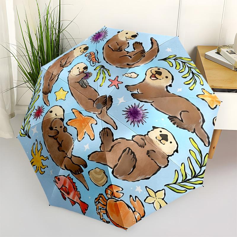 1pc Sea Otters Automatic Opening/Closing Folding Umbrella with 8 Ribs,Windproof Portable Sunshade Umbrella Holiday gift yy260401036
