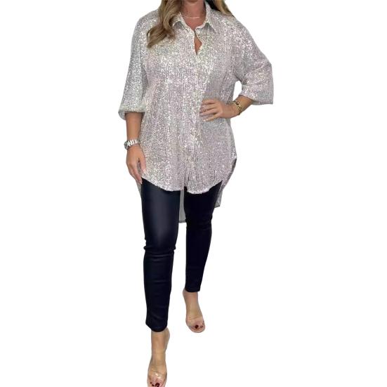 Женская рубашка с отворотом, рукавом до локтя, однобортная рубашка свободного кроя, топы с блестками, повседневная рубашка средней длины