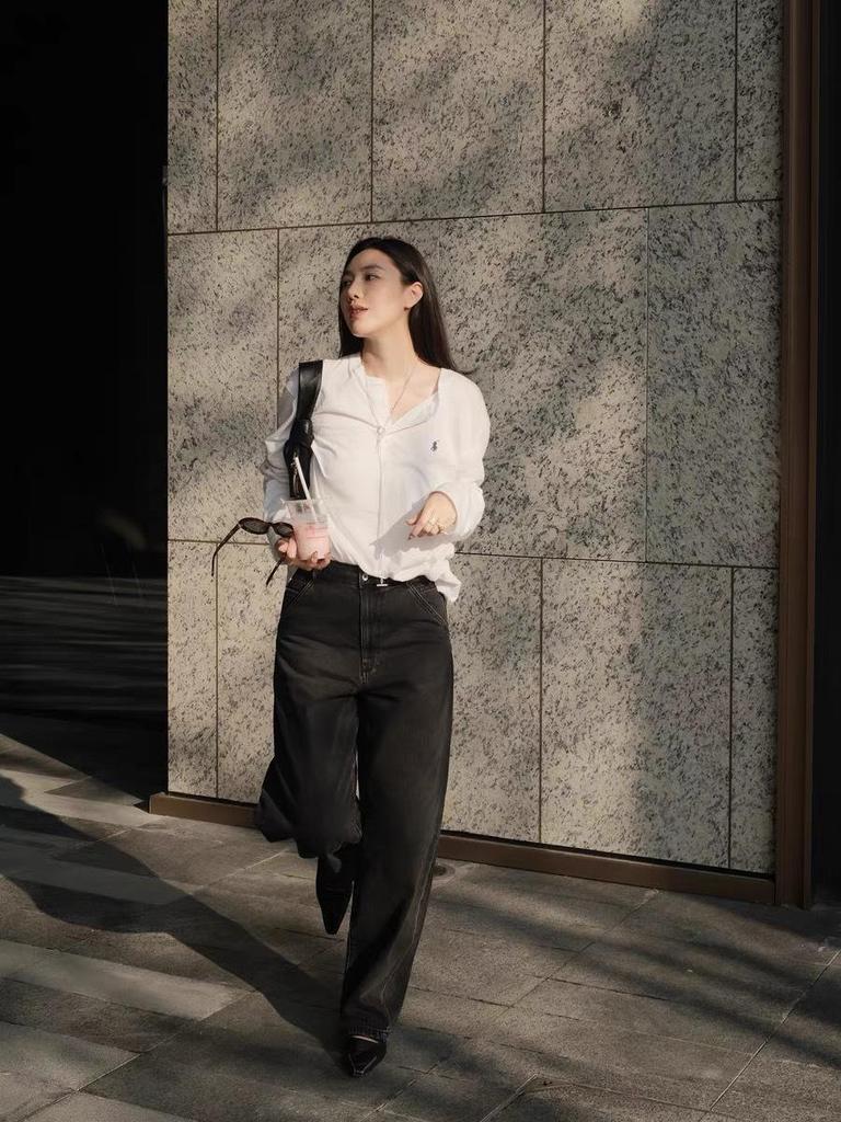 A3 Ретро-джинсы свободного покроя с широкими штанинами: Оригинальный цвет, нейтральный, средне-высокая талия, заниженный шаговый шов для женщин