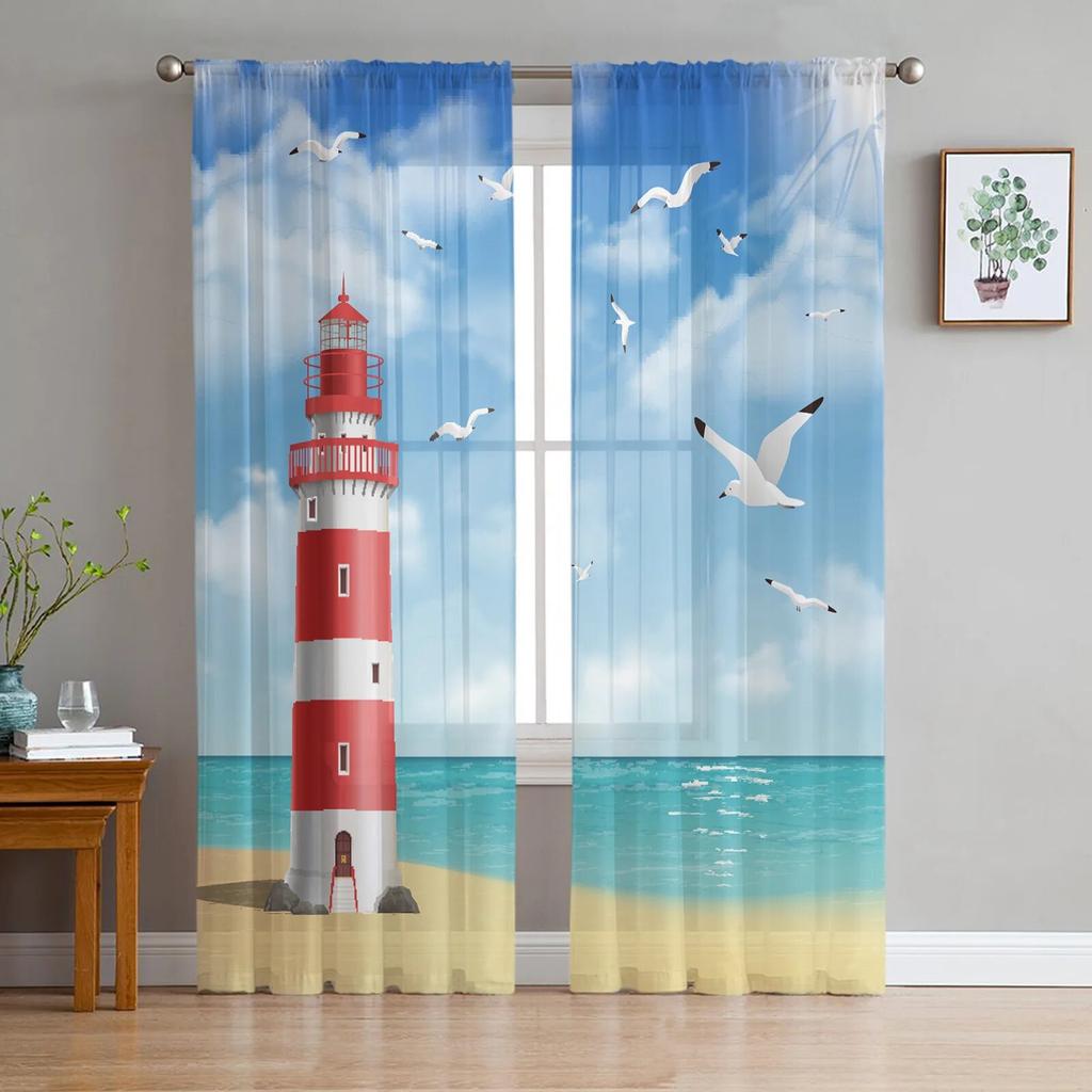 Marine Elements Lighthouse Vessel Sheer Curtains for Living Room Modern Voile Curtain Bedroom Tulle Curtains Window Drapes Decor