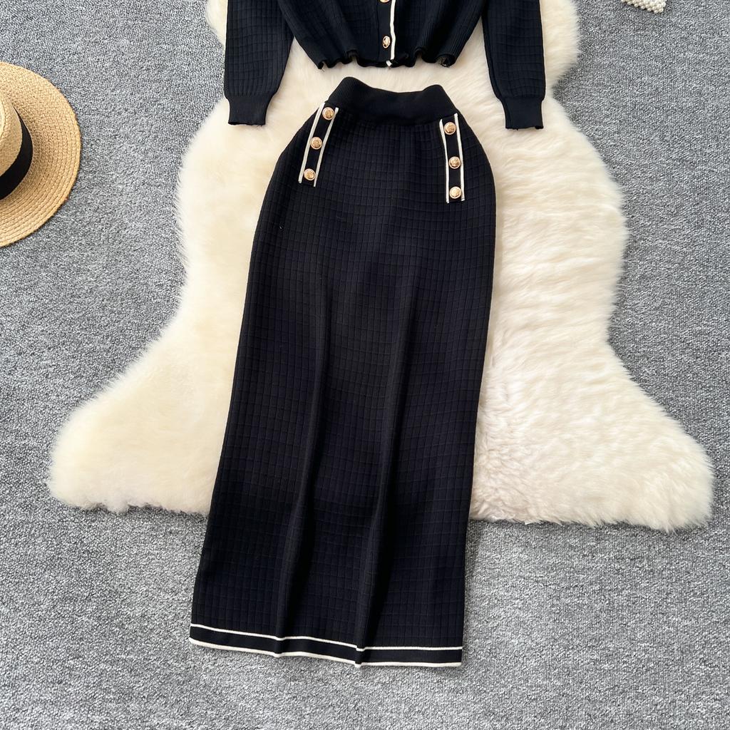 Simple Luxury Premium Solid Color Set Autumn/Winter Knitted Set Women's Polo Loose Shirt Coat+High Waist Skirt Two Piece Sets