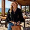 Women V Neck 3 4 Flared Sleeve Loose Fit Solid Color Casual Shirt