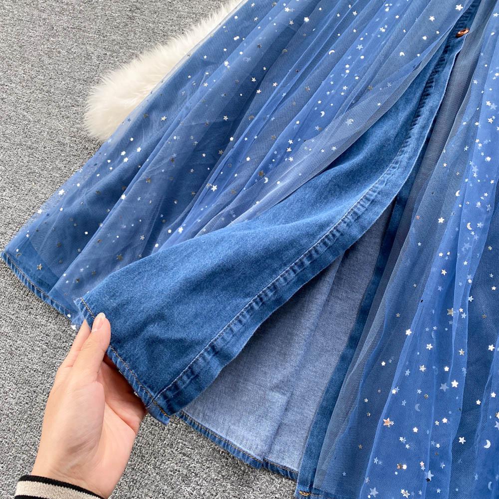 Весеннее новое платье с воротником-стойкой и застежкой на талии, элегантное платье-рубашка из денима с сетчатой строчкой и эффектом старения