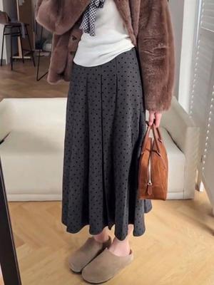 Серая юбка-миди А-силуэта плиссе в горошек из смесовой шерсти для беременных женщин — поддержка живота, приталенный крой для осени и зимы.