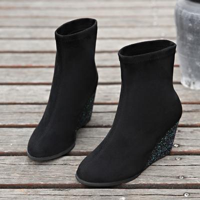 Модные зимние новые хлопковые сапоги на покатом каблуке женские с круглым носком и рукавами из фланелета противоскользящие износостойкие короткие сапоги