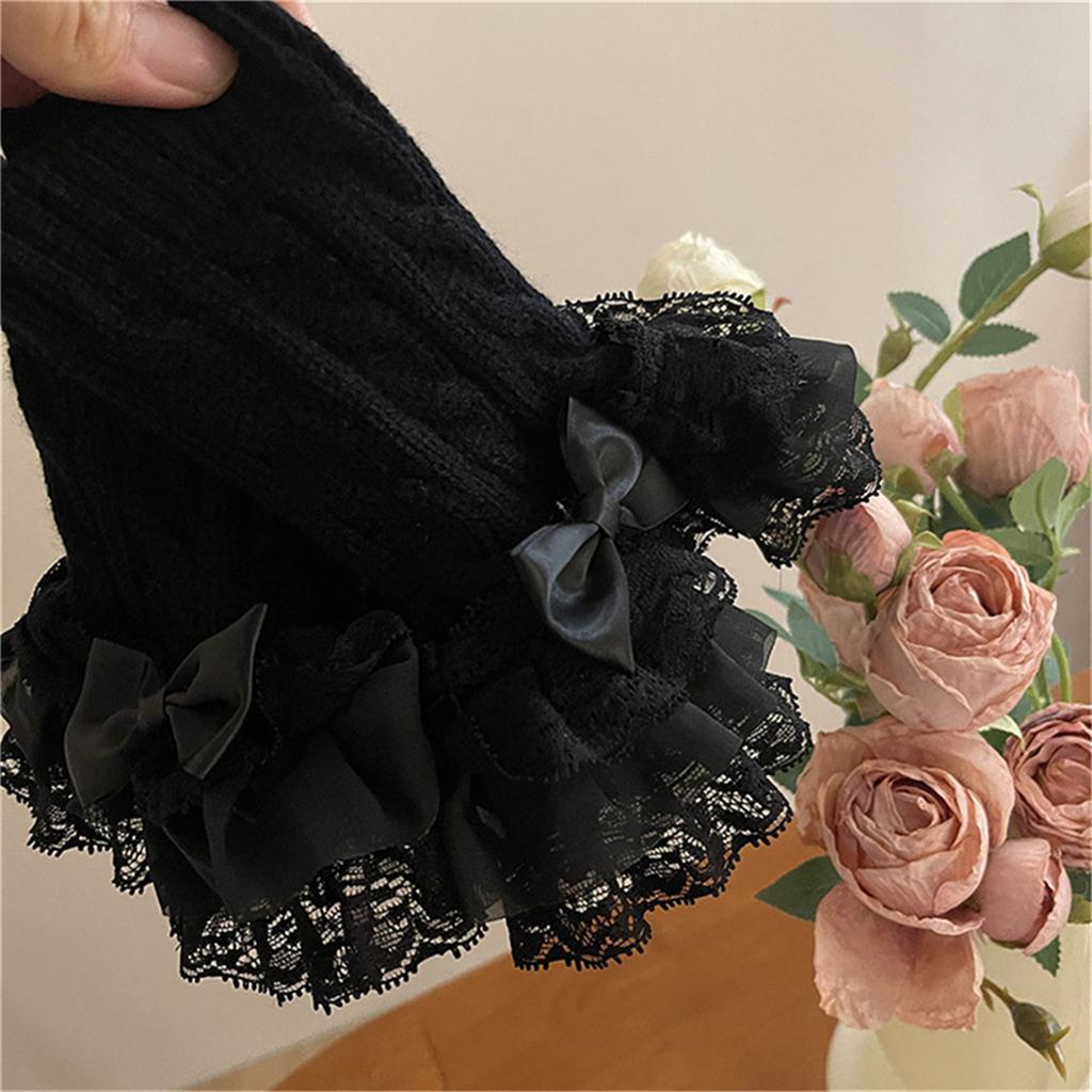 Lolita Lace Bowknot Gloves Y2K Fingerless Gothic Winter Warm Sunscreen Sleeve False Sleeve Gloves Women JK Clothing Accessories
