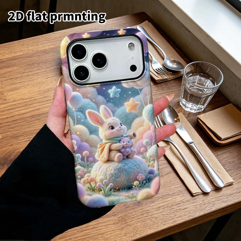 Phone Case: 2D flat design suitable for iPhone 18 17 16 15 14 13 Pro protective case, rabbit hugging a plush toy, perfect Christmas and Halloween holi