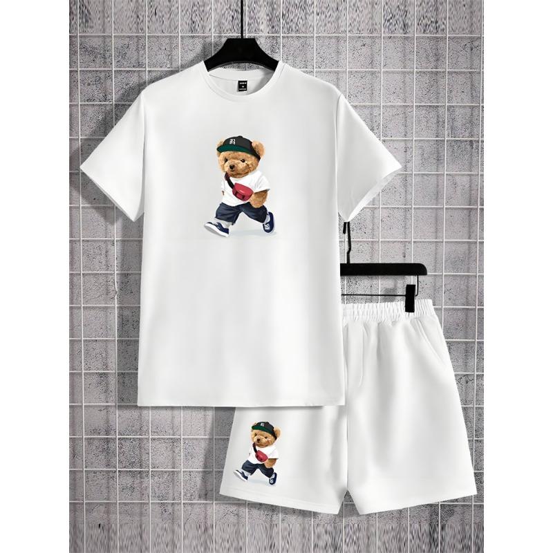 Мужской комплект с принтом 3D-медведя из мультфильма, летняя повседневная мужская футболка с короткими рукавами, модные пляжные шорты для улицы