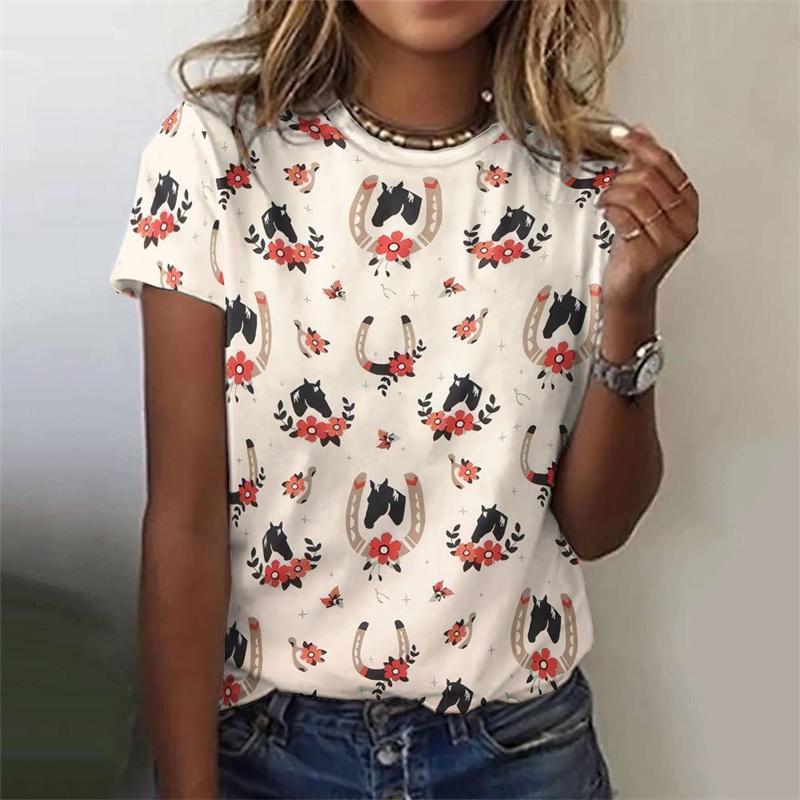 3D Printed Cowboy Horse T-Shirt For Women Colorful Animal Graphic T Shirts Summer Loose Tees Short Sleeves Round Neck Tops
