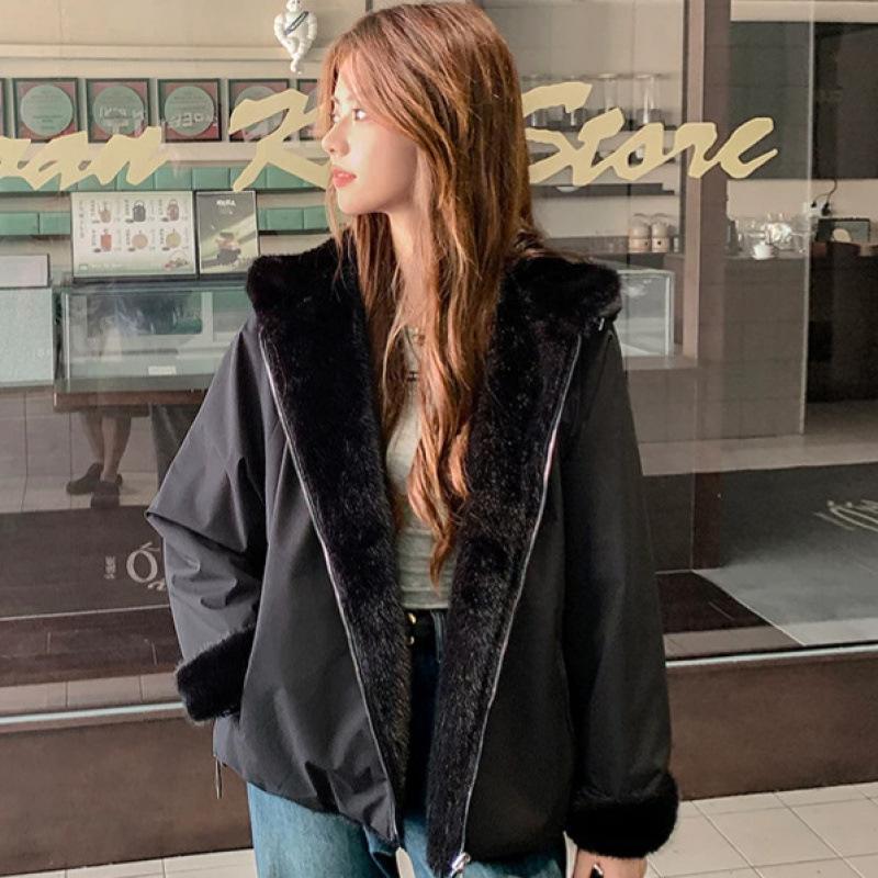 Wearing velvet cotton clothes on both sides, women's autumn and winter new fashion versatile hooded girlfriend cotton-padded coat